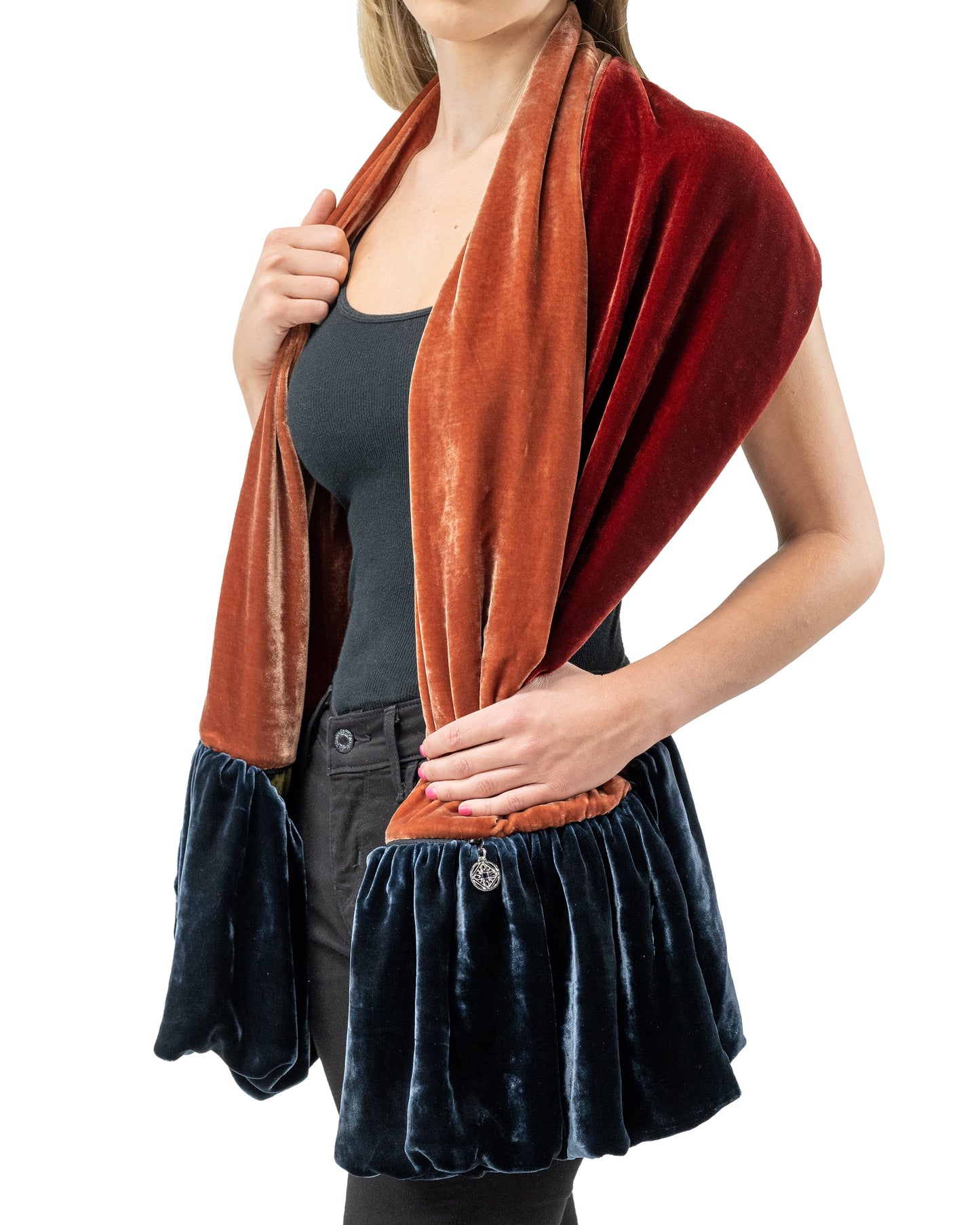 Blue Orange Silk Velvet Stole Wrap, Silk Velvet Stole, Silk Velvet Shawl, Silk Velvet Shrug, Faux Fur Silk Velvet Cape, Gala Attire for Women, Formal Evening Wrap