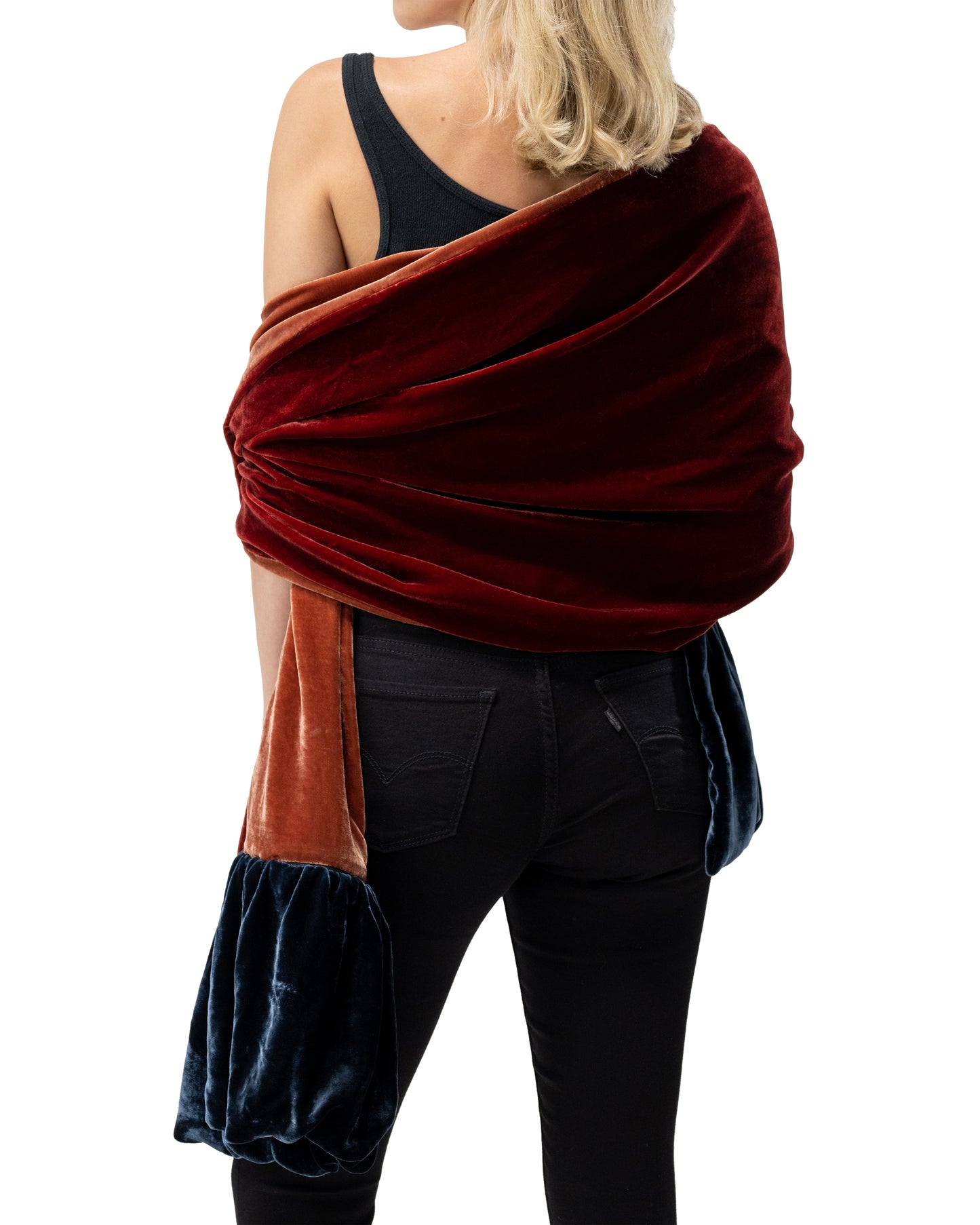 Blue Orange Silk Velvet Stole Wrap, Silk Velvet Stole, Silk Velvet Shawl, Silk Velvet Shrug, Faux Fur Silk Velvet Cape, Gala Attire for Women, Formal Evening Wrap